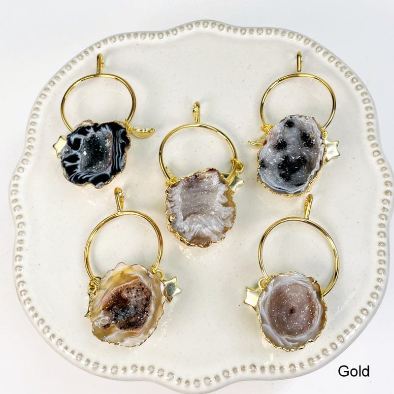 agate geode pendants with moon and star charms available in electroplated gold