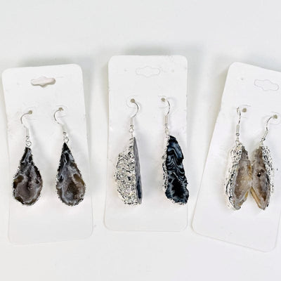 agate geode earrings with a druzy center available in electroplated silver 