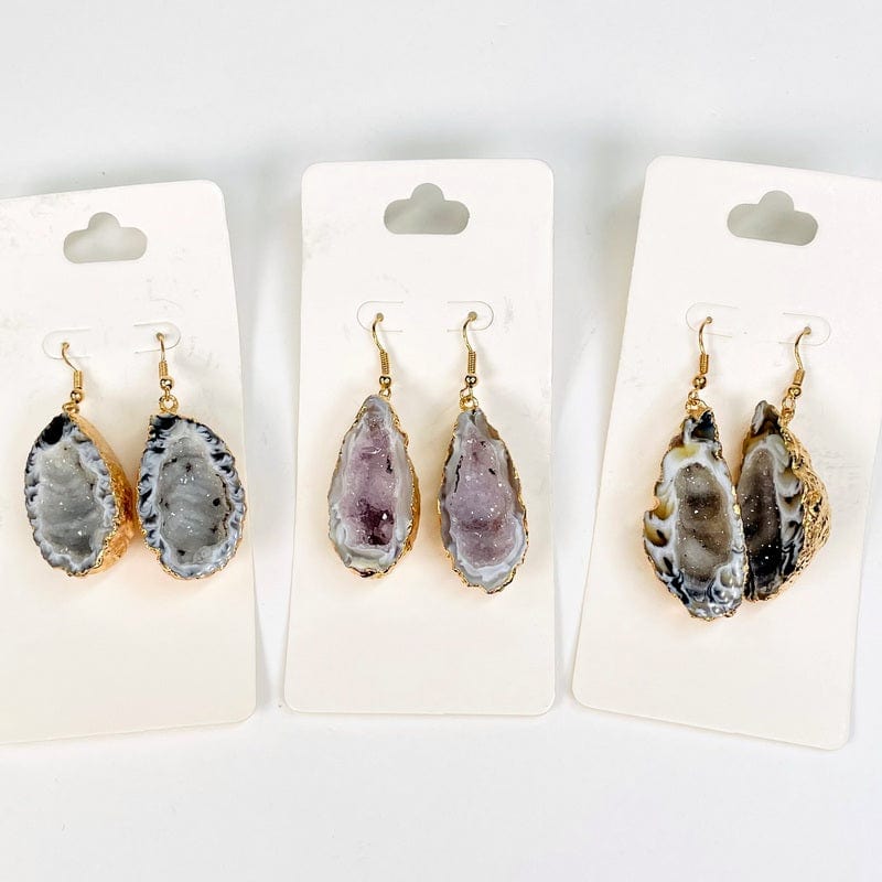 agate geode earrings with a druzy center available in electroplated gold 
