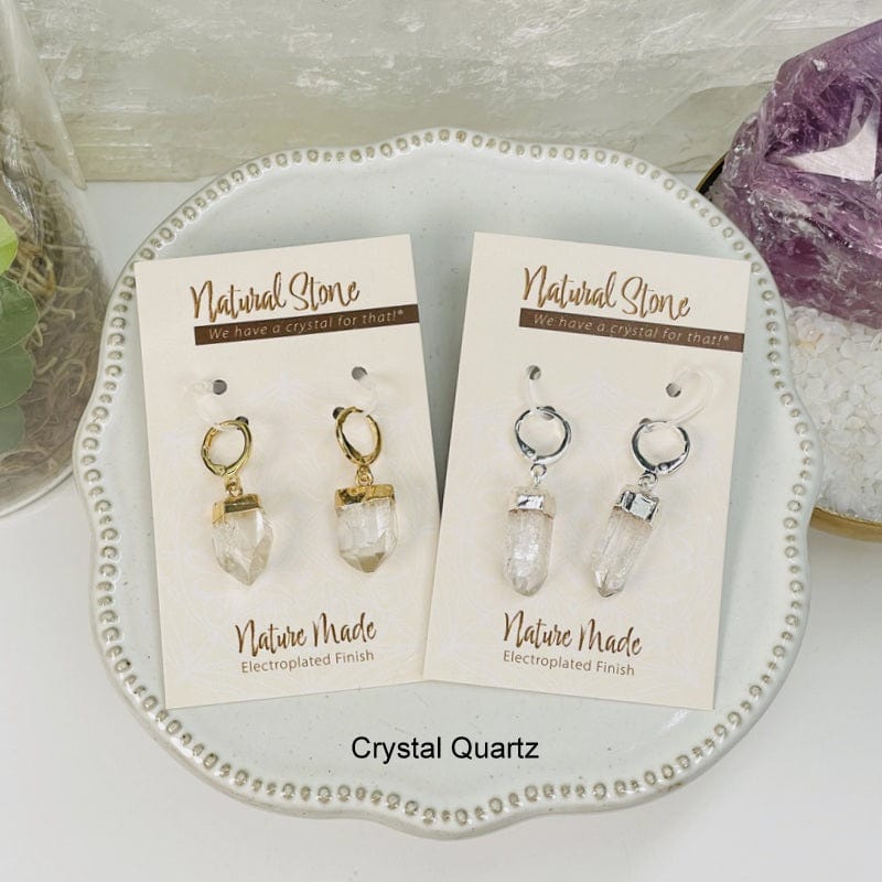earrings available in crystal quartz electroplated gold or silver