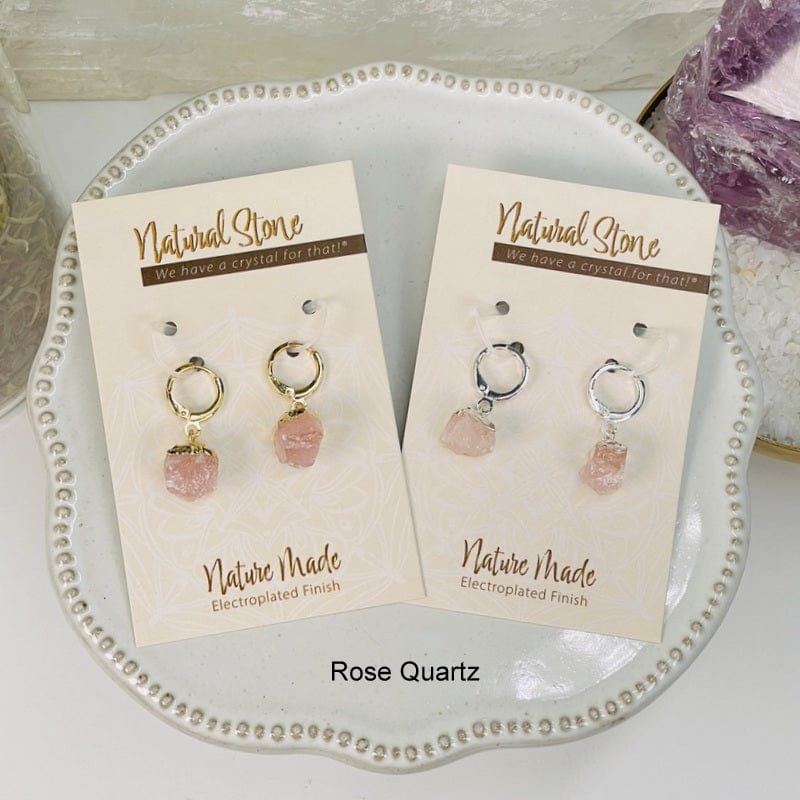 earrings available in rose quartz electroplated gold or silver