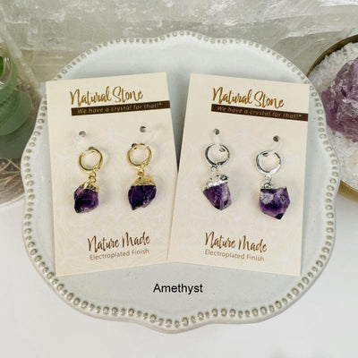 earrings available in amethyst electroplated gold or silver