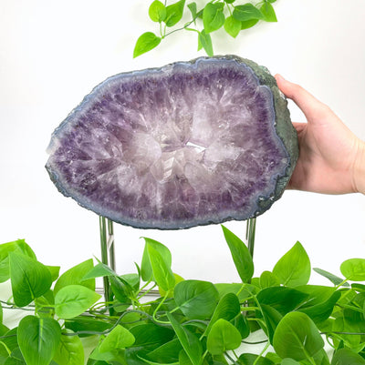 large amethyst polished slab on stand with hand for size reference