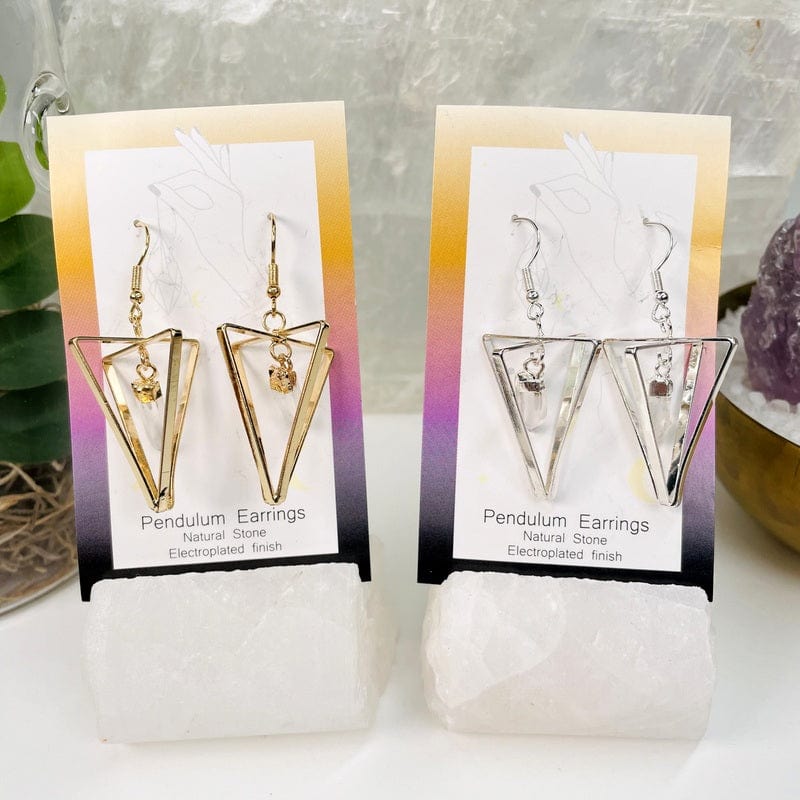 pendulum earrings with crystal quartz available in electroplated gold or silver