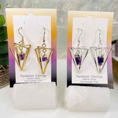 pendulum earrings with amethyst available in electroplated gold or silver
