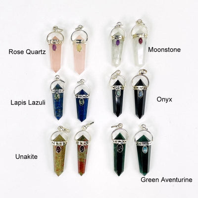 double terminated point pendant with gemstone accent available in rose quartz, lapis lazuli, unakite, moonstone, onyx and green aventurine 