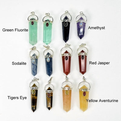 double terminated point pendant with gemstone accent available in green fluorite, sodalite, tigers eye, amethyst, red jasper and yellow aventurine