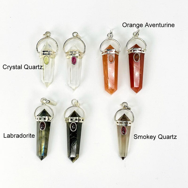 double terminated point pendant with gemstone accent available in crystal quartz, labradorite, orange aventurine, smokey quartz 