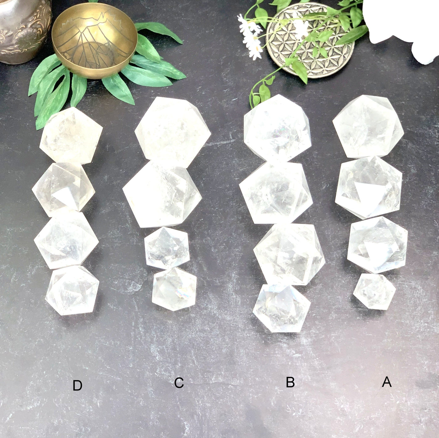 Top angle shot of the 4 sets You Choose of  Crystal Quartz Icosahedron. (A, B, C, and D)