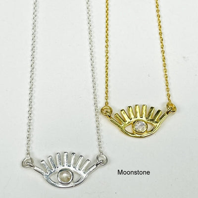 evil eye necklace in silver and gold available in moonstone 