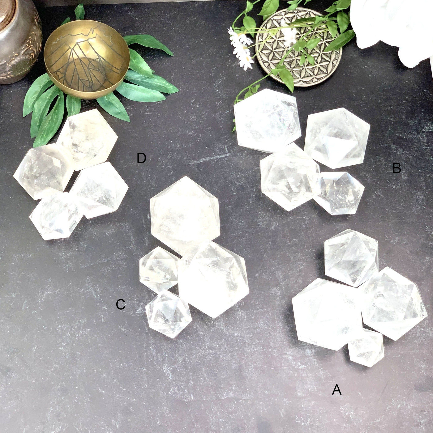 Top angle shot of the 4 sets You Choose of Crystal Quartz Icosahedron. (A, B, C, and D)