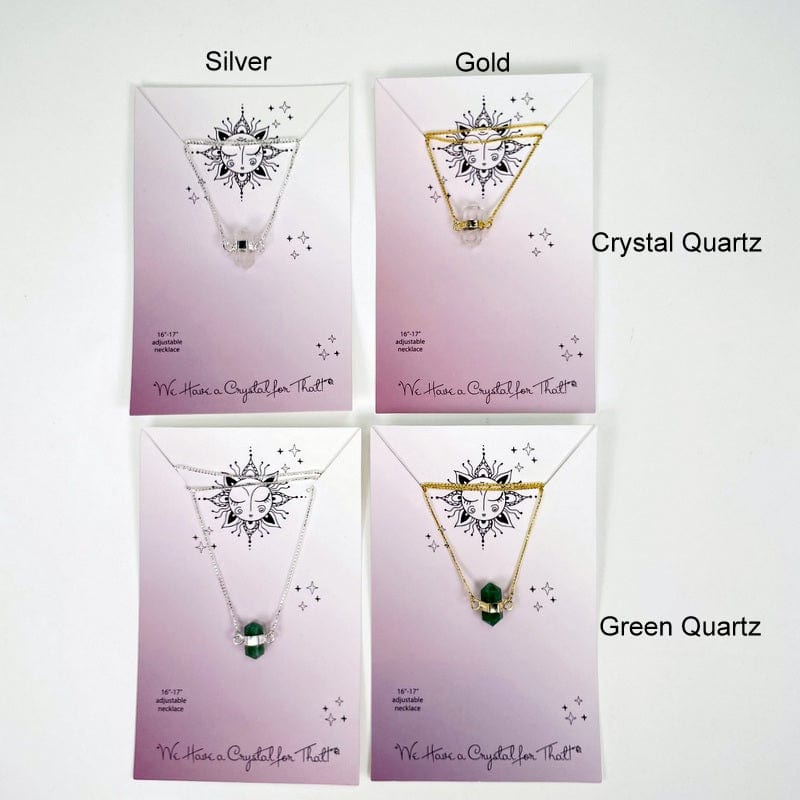 double terminated point necklaces electroplated in gold or silver available in crystal quartz and green quartz 