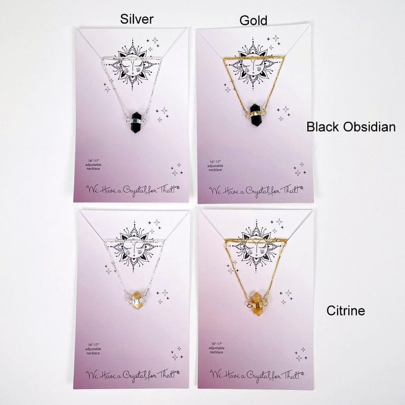 double terminated point necklaces electroplated in gold or silver available in black obsidian and citrine 