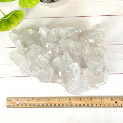 overhead view of crystal quartz cluster with ruler for size reference 