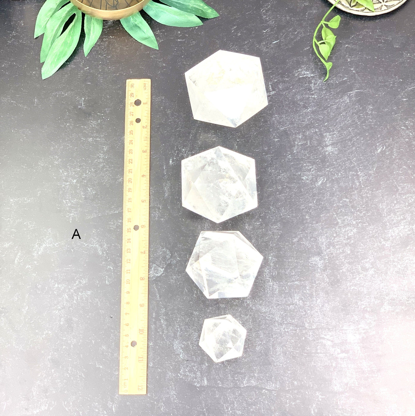 Ruler comparing size to the 1 set of Crystal Quartz Icosahedron option A