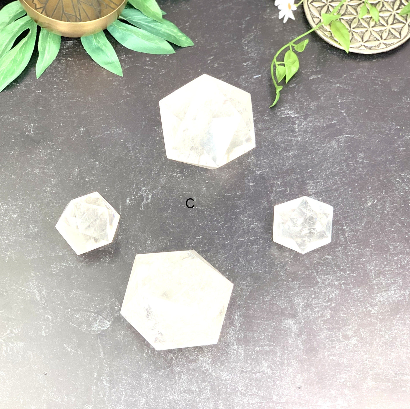 Top angle shot of the option C 1 set of Crystal Quartz Icosahedron.