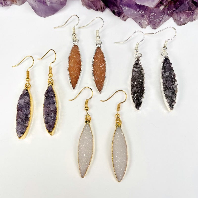 marquise shaped earrings with druzy that comes electroplated in gold or silver 