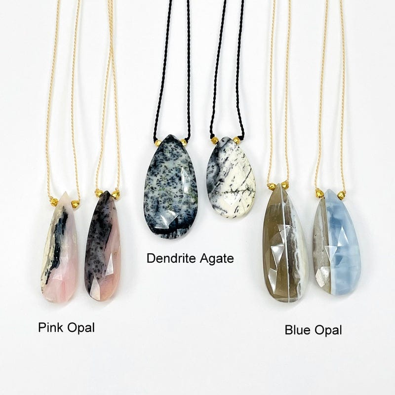 necklaces available in pink opal, dendrite agate and blue opal 