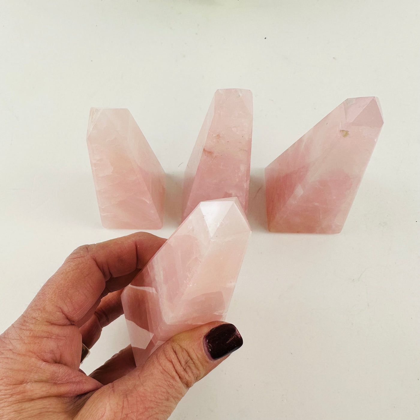 Rose Quartz Polished Obelisk Tower  Bulk Lot of 4 showing point up close