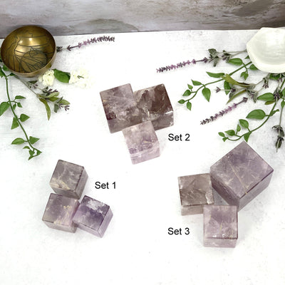 Top angle shot of set 1, 2 and 3 of Amethyst Cubes 3pc set