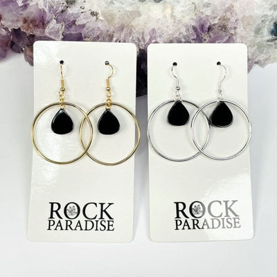 hoop style earrings with an obsidian drop that come electroplated in gold or silver 