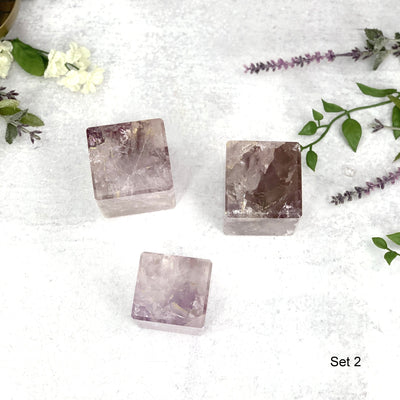 Top angle shot of  Set 2  3 pc  Amethyst Cubes