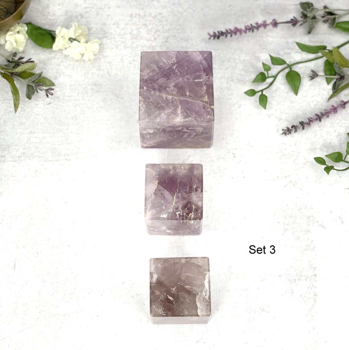 Set 3 close up  of the 3 pc Amethyst Cubes.