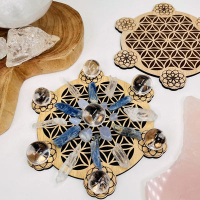 flower of life grid with six little seed of life grids engraved on wood 