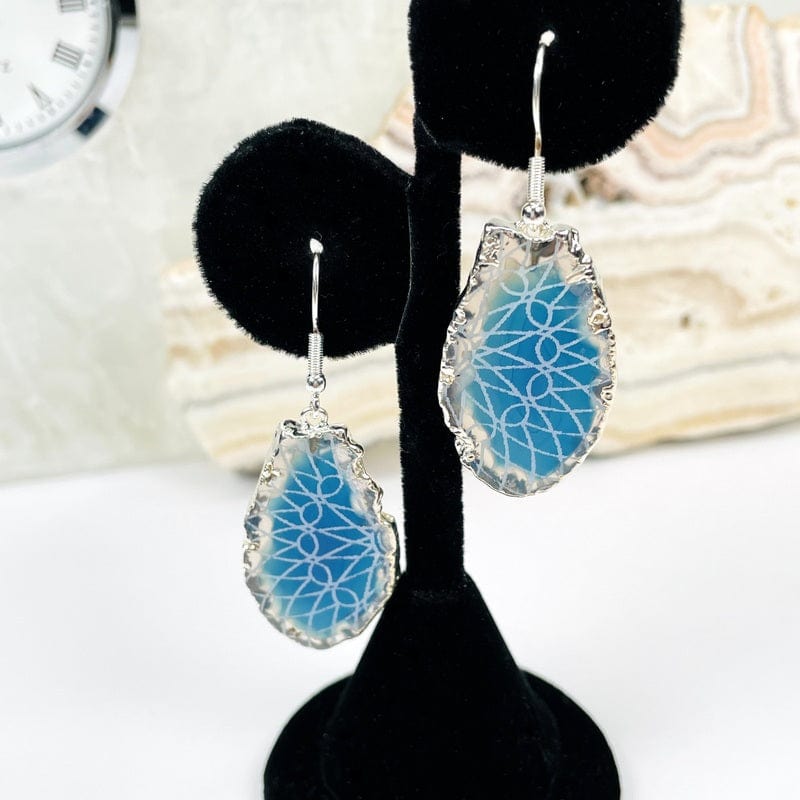 agate earrings displayed to show how they hang 