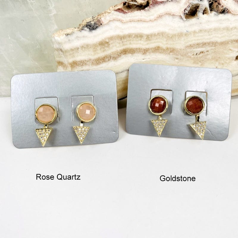 close up of the earrings in rose quartz and goldstone 