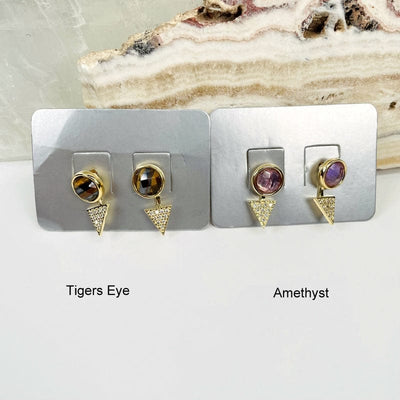 close up of the earrings in tigers eye and amethyst 