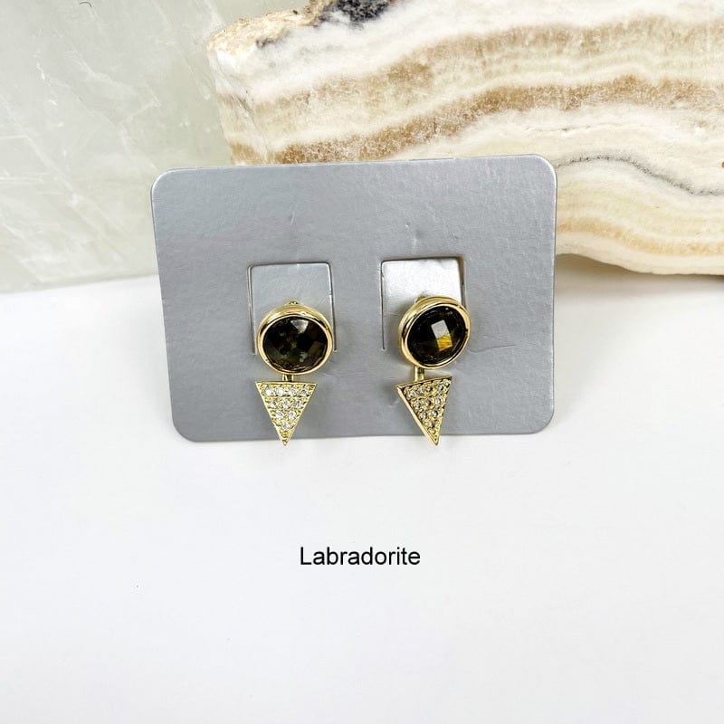 close up of the earrings in labradorite 