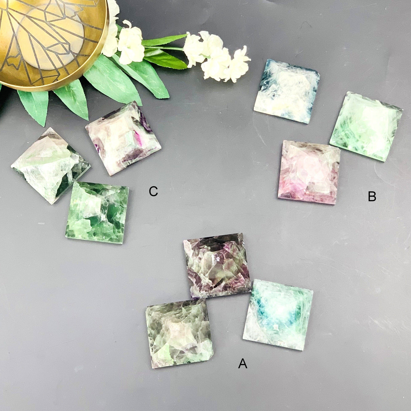 Top angle shot of the 3 sets of Small Fluorite Pyramid