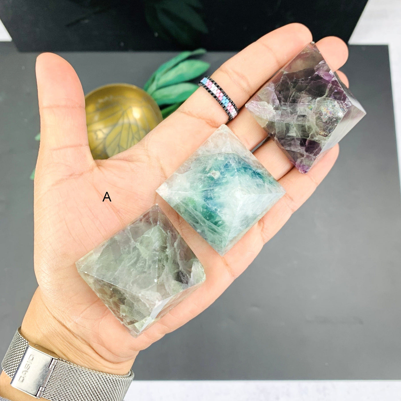 Set A of the Small Fluorite Pyramid on hand