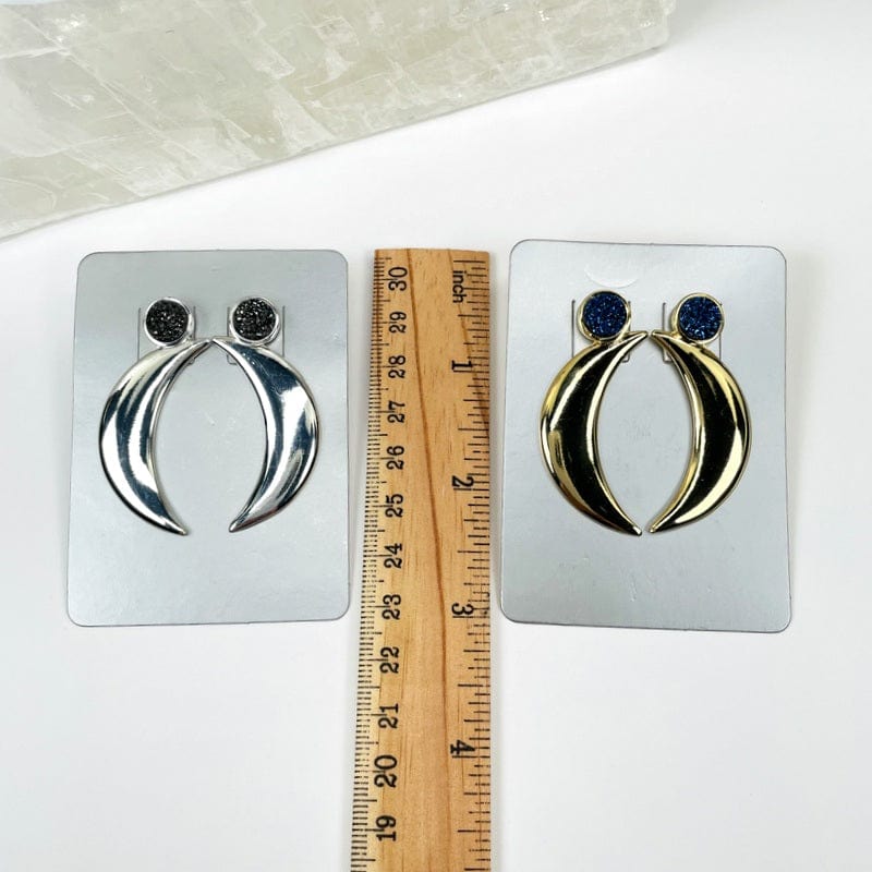 Moon Crescent Earrings with Druzy Accent shown with a ruler for size reference