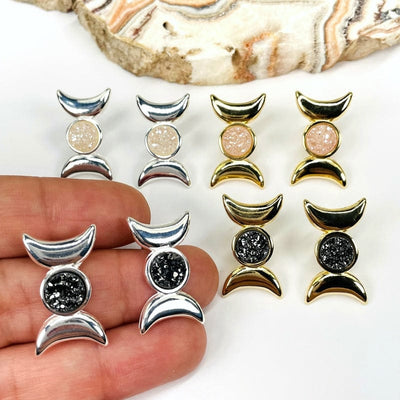 moon phase earrings available with an angel aura or black diamond titanium druzy accent 