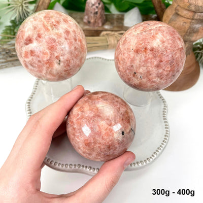 three 300g - 400g sunstone polished spheres on display for possible variations with one in hand for size reference