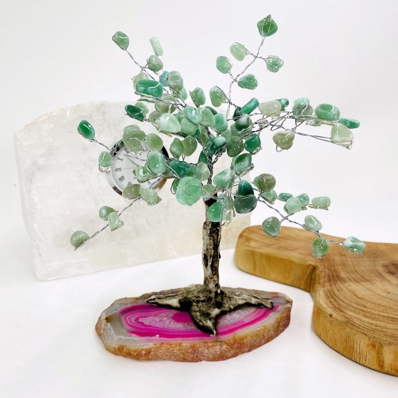 green quartz tumbled stone top tree available with a pink agate base