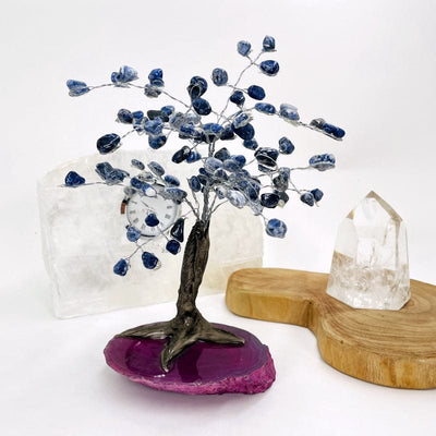 close up of the sodalite tree with a pink agate base