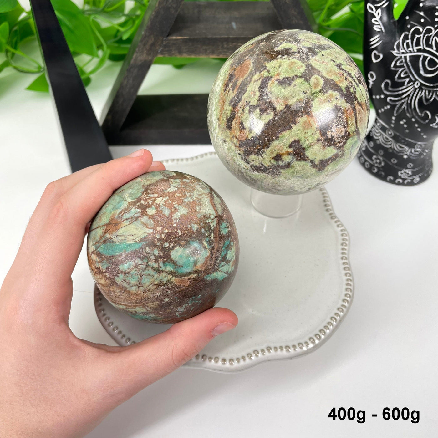two 400g - 600g chrysoprase polished spheres on display for possible variations with one in hand for size reference