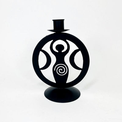 earth goddess candle holder is made out of metal and comes in a black finish 