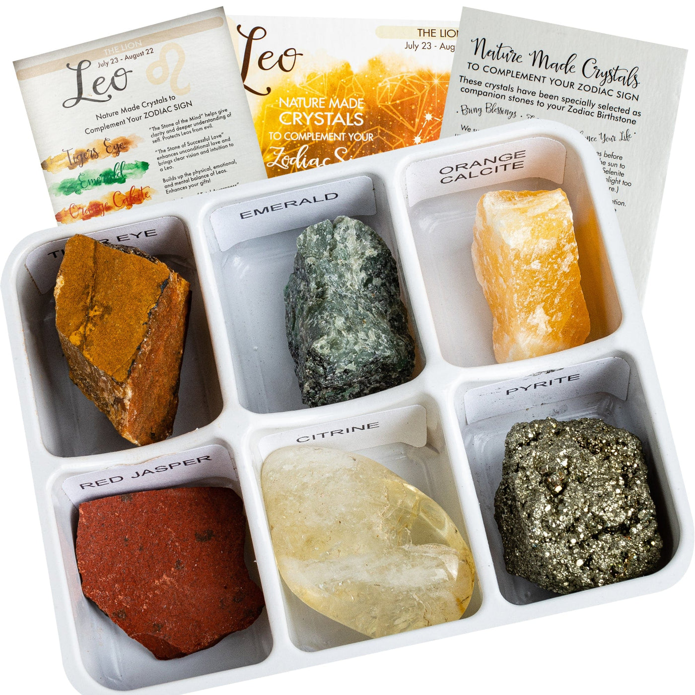 Photo of six crystals contained in the leo horoscope box.
