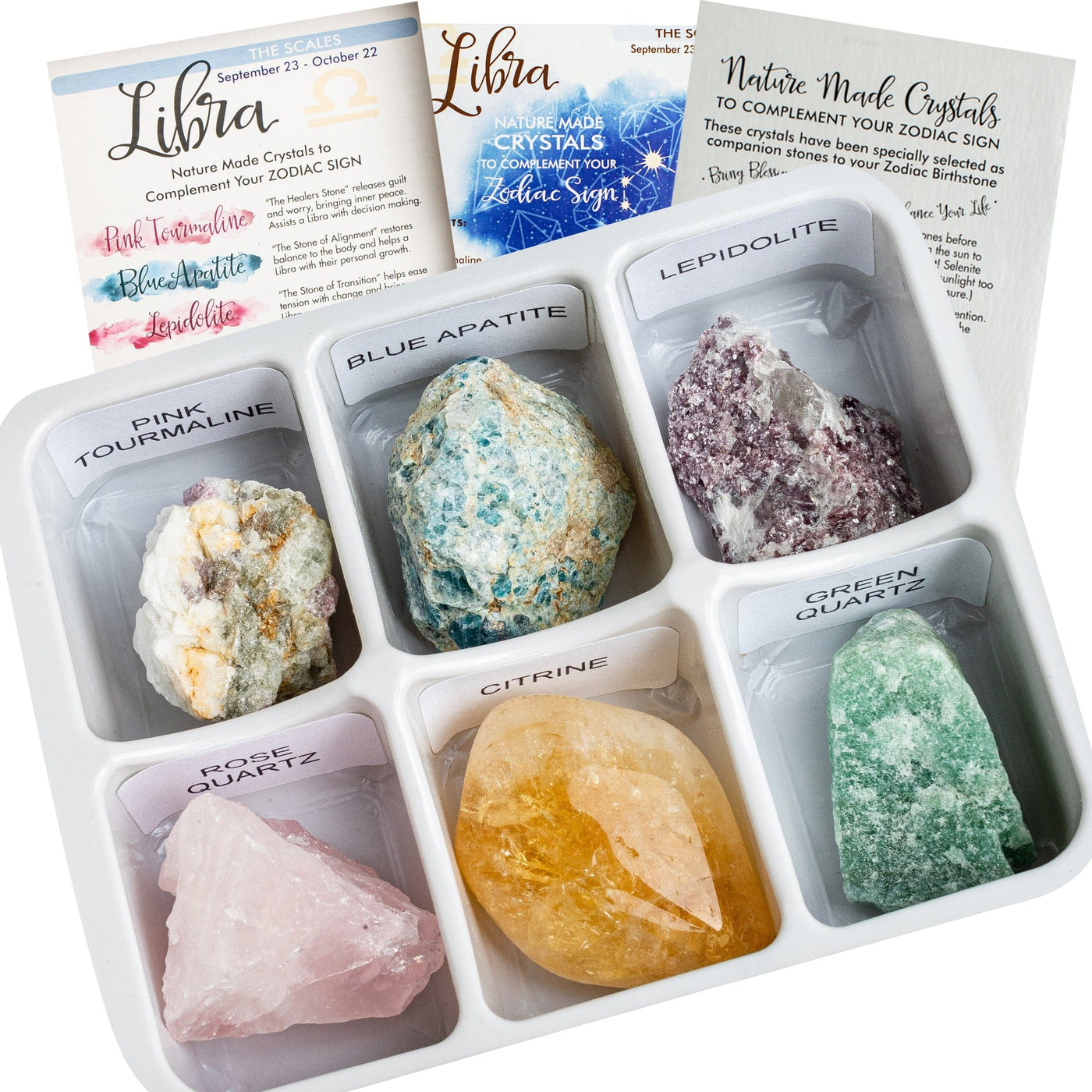 Photo of six crystals contained in the libra horoscope box.