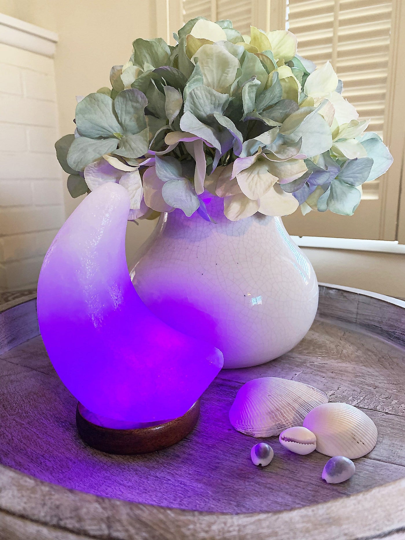 Moon shaped Himalayan Salt Lamp showing the changing color light, here in purple