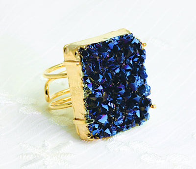 mystic druzy adjustable ring available in blue 