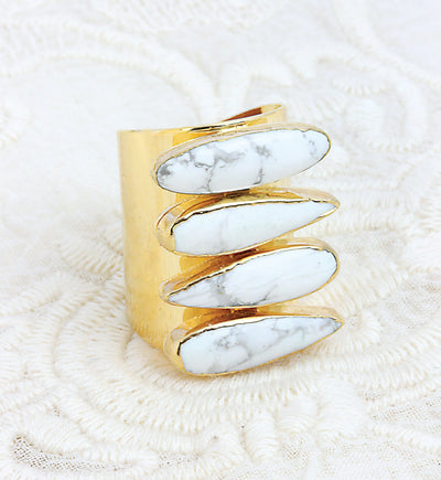 View of the White Howlite Druzy Adjustable Teardrop Druzy Ring with Electroplated 24k Gold Adjustable Cigar Band