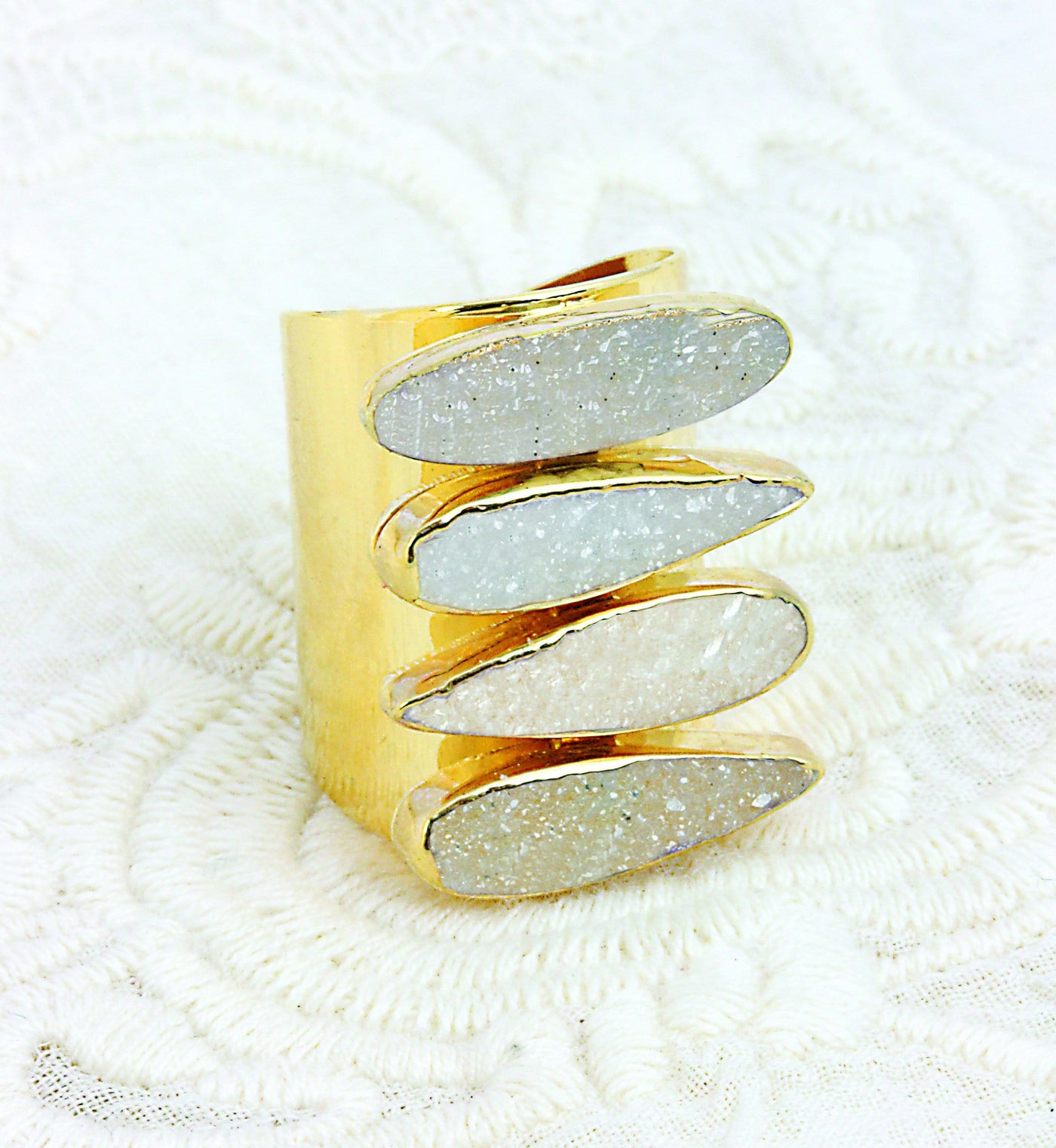 View of the Natural Druzy Adjustable Teardrop Druzy Ring with Electroplated 24k Gold Adjustable Cigar Band