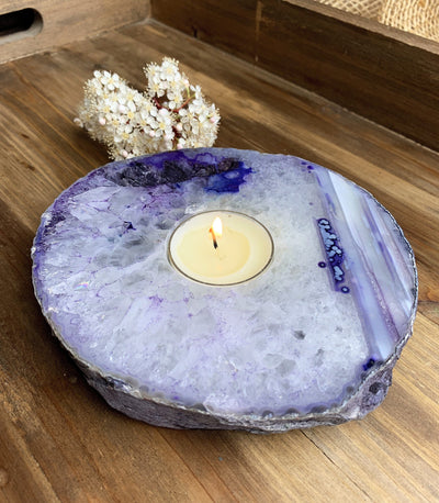 agate slab candle holder with decorations