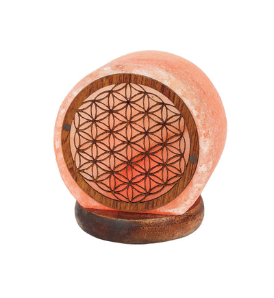 himalayan salt lamp with a flower of life grid 