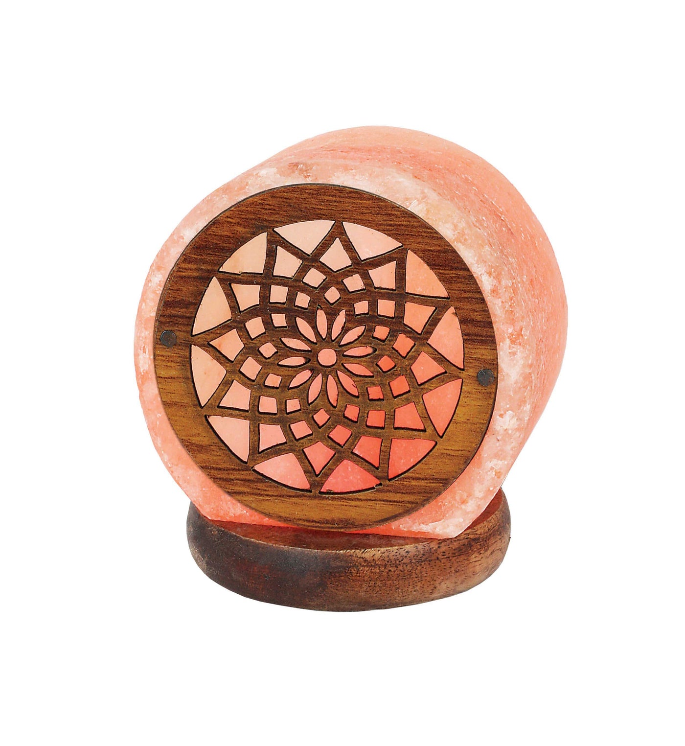 himalayan salt lamp with a flower pattern in the front 